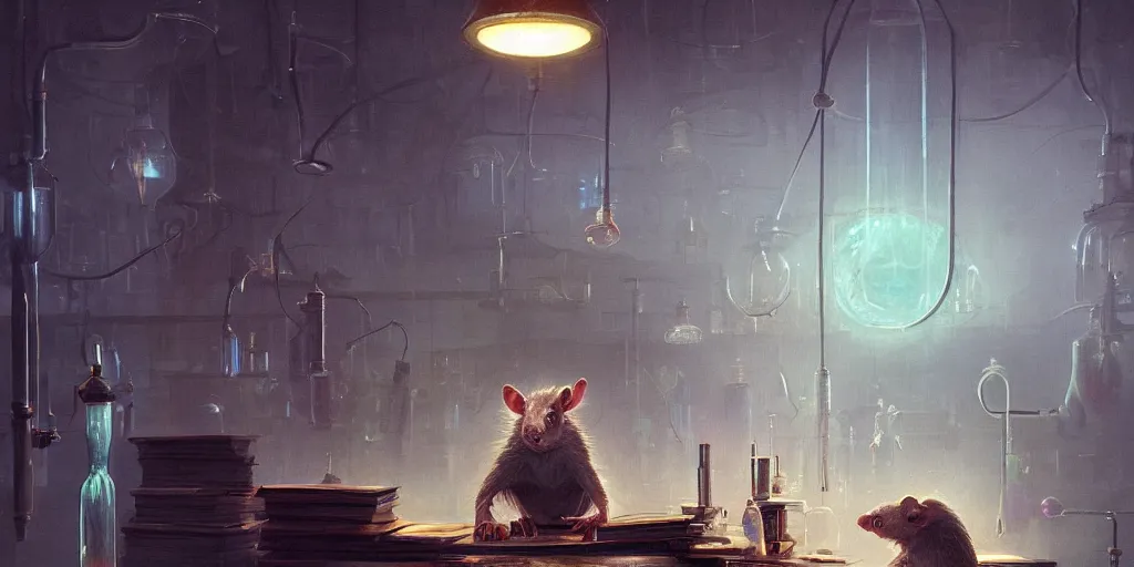 Image similar to humanoid rat in a laboratory sitting at a desk with lots of flasks filled with magic liquids and poisonous fog, stephen bliss, unreal engine, fantasy art by greg rutkowski, loish, rhads, ferdinand knab, ilya kuvshinov, rossdraws, tom bagshaw, global illumination, radiant soft light, detailed and intricate environment