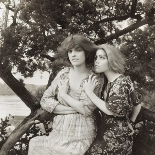 Image similar to a portrait of two beautiful 3 0 year old sisters in a scenic environment by edward steichen