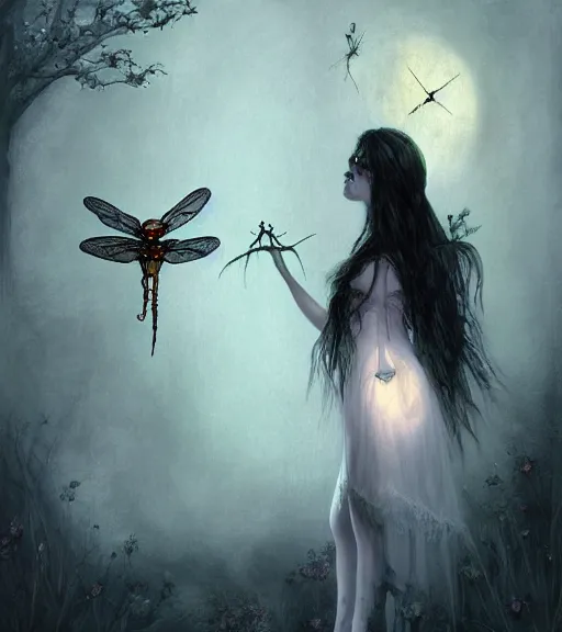 Image similar to gothic fairy with dragonfly wings, digital painting, liminal eerie midnight backlit, a picture taken by Michael Komarck