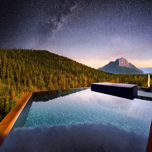 Image similar to 8 spiderman sitting in infinity pool finnish cabin environment. mountain background. photorealistic. ultra realistic. ultra high definition. 8 k. evening. starry sky.