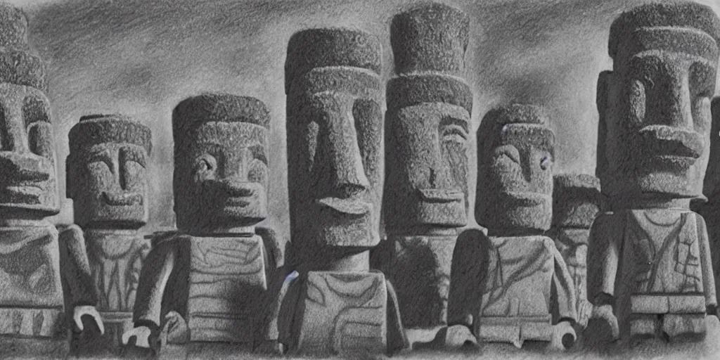 Image similar to charcoal drawing of lego minifigures as easter island heads on easter island