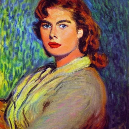 Image similar to portrait of a young ingrid bergman by claude monet, impressionist, hd, beautiful, glamorous, award winning, 4 k