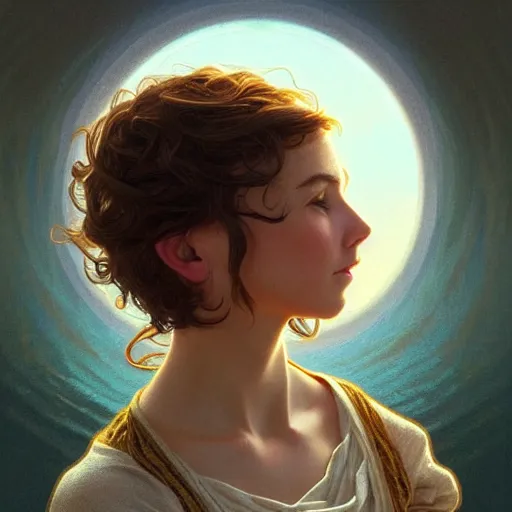 Image similar to full body portrait of a woman with short wavy hair, round face, cottagecore!!, lake water, intricate, enlightenment, highly detailed, digital painting, artstation, concept art, smooth, sharp focus, illustration, art by artgerm and greg rutkowski and alphonse mucha