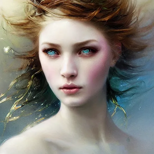 Prompt: dreams of the fae, papery flaking skin, with different colored eyes and flowing hair underwater, three-quarters portrait, intricate, elegant, sharp focus, illustration, highly detailed, digital painting, concept art, matte, by Aleksi Briclot and by Ivan Aivazovsky and by Greg Rutkowski, artgerm, wlop, masterpiece