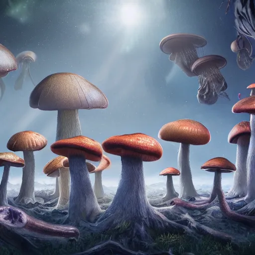 Image similar to scientists take their first steps on a strange alien planet full of mushrooms and other complex fungi, 8 k resolution matte painting trending on artstation