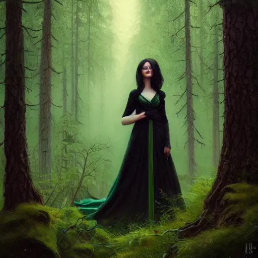 Prompt: gorgeous female Jade Tailor, realistic character concept, black hair, green dress, forest, trees, medium shot, shorter neck, illustration, symmetrical face and body, cinematic lighting, symmetrical eyes, artgerm, Tom Bagshaw, Norman Rockwell, single face, insanely detailed and intricate, beautiful