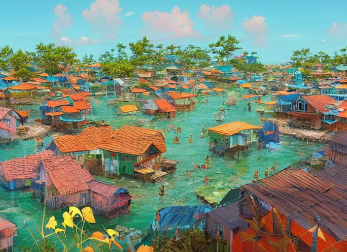 Image similar to kuala terengganu fishing village, summer morning, very coherent and colorful high contrast, art by gediminas pranckevicius, geof darrow, makoto shinkai, dark shadows, hard lighting