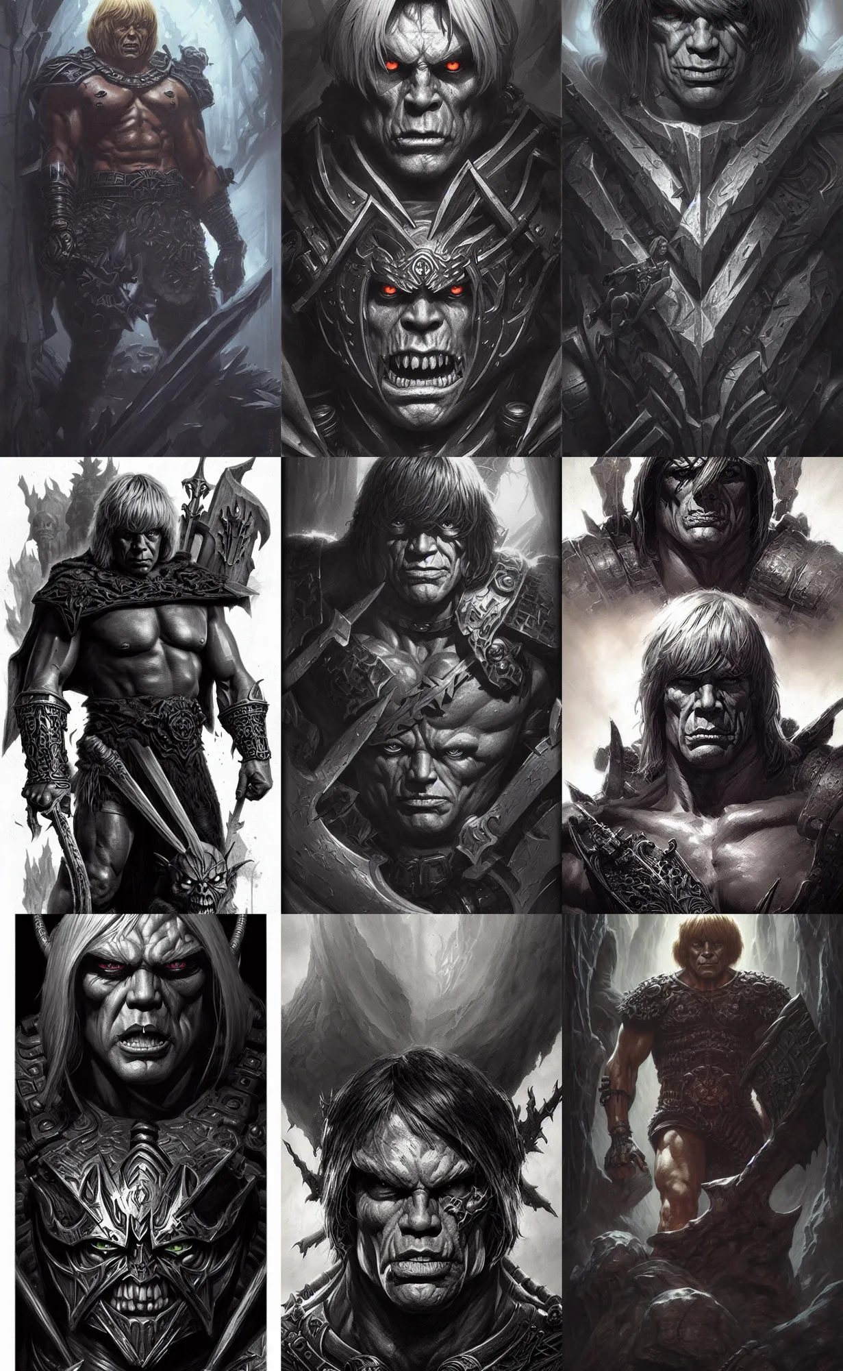 Prompt: uncut portrait of he - man, dark and mysterious and eerie and ominous character, cinematic, epic, highly detailed, intricate, illustration, artwork by marcus whinney and greg rutkowski