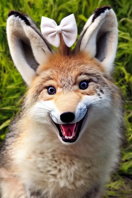 Image similar to a photorealistic adorable zany girly alluring chubby charming but slightly terrifying fennic fox wolf leopard rabbit hybrid, with long floppy rabbit ears chubby body, wearing a bow on the top of its head, grinning at the camera with a mischievous look, smile with sharp teeth, happy lighting, at a tropical beach