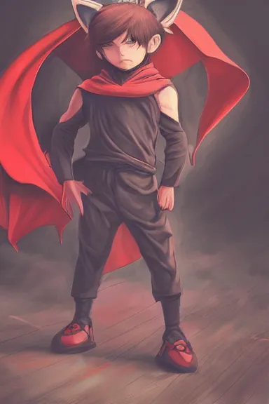 Image similar to little boy with cat ears in an black outfit with red cape. digital artwork made by lois van baarle and kentaro miura and marc simonetti, sharpness focus, inspired by hirohiko araki, anatomically correct, heroic composition, hero pose, smooth