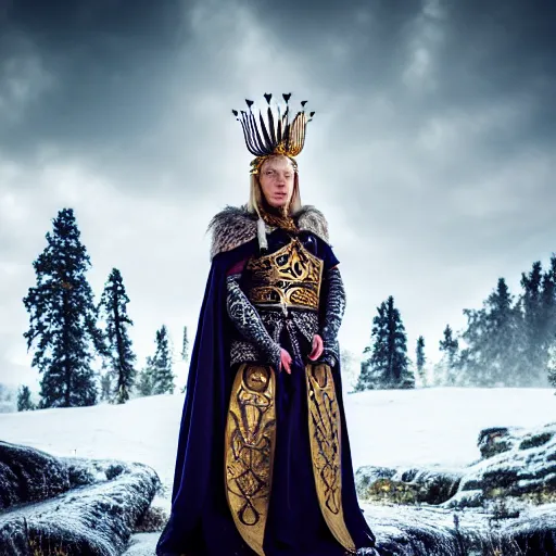 Image similar to photo of a real-life beautiful nordic warrior queen with ornate cloak and crown, 8k, HDR, award-winning, sharp focus, volumetric lighting,