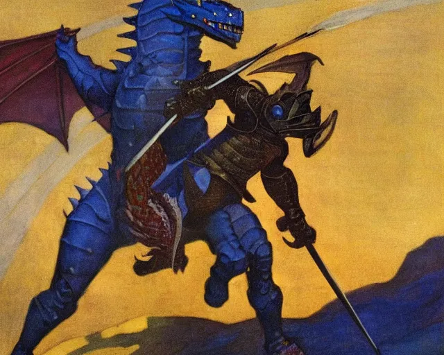 Image similar to knight in blue armor, fighting a large red dragon, by n. c. wyeth, high detail,