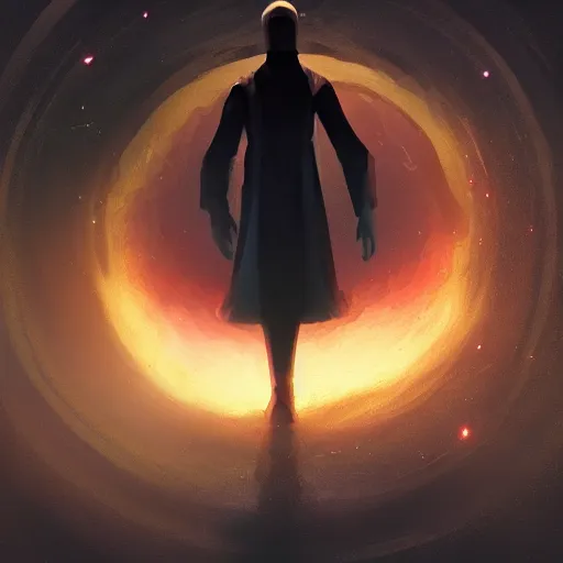 Prompt: award - winning. trending on artstation. 4 k. eerie tone. a figure wearing layered yellow robes standing in front of a black hole in space. dark background. in the style of cedric peyravernay. full - body