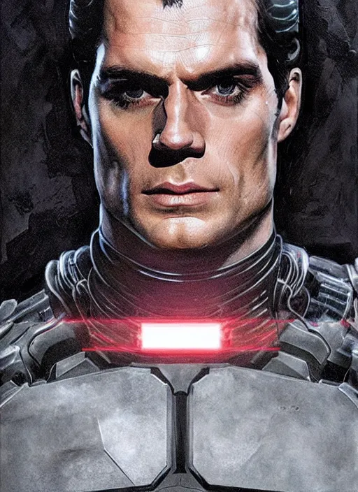 Image similar to henry cavill as victor stone, full body concept, cyborg, borg, strogg, face of a man, terminator, flesh, quake strogg, doom demon, wolfenstein, monstrous, powerful, symmetry, symmetrical, concept art by ruan jia and greg rutkowski