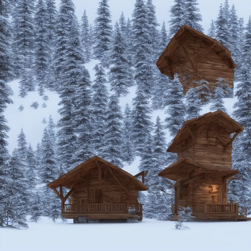 Prompt: wooden cabin in mountain covers by snow, foggy day, hyper realistic, Future design, architecture design, foggy, organic form, foggy, environment, Cinematography, mega scans, sloped site, cinematic, hyper realistic, photo real, cinematic composition, highly detailed, vray, 8k render