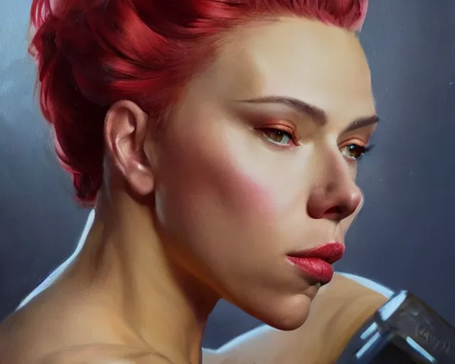 Image similar to greg manchess portrait painting of smug scarlett johansson as beautiful thick female bodybuilder zarya from overwatch, medium shot, asymmetrical, profile picture, organic painting, sunny day, matte painting, bold shapes, hard edges, street art, trending on artstation, by huang guangjian and gil elvgren and sachin teng