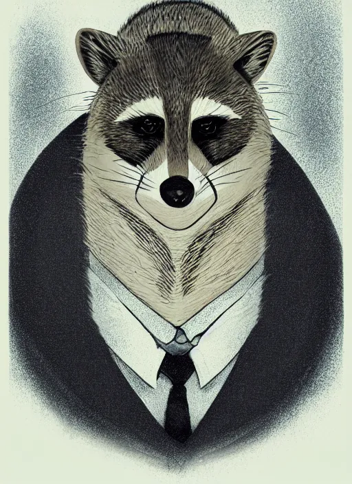 Image similar to an illustration portrait of an anthropomorphic raccoon mob boss, by victo ngai, by stephen gammell, by george ault, in the style of animal crossing, artstation