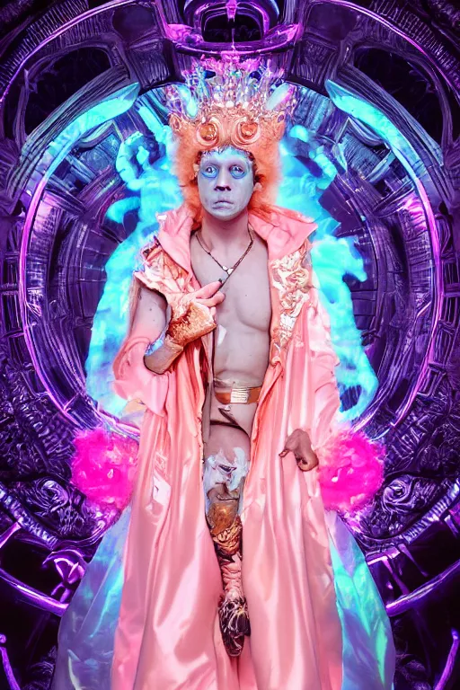 Image similar to full-body rococo and cyberpunk delicate neon crystalline sculpture of ((young muscular albino prince Sean Mendez)) as an iridescent humanoid deity wearing ((peach plastic hooded cloak)) (holding a human skull) in a white castle dungeon, reclining, glowing pink face, crown of (pink lasers), large blue diamonds, swirling black silk fabric. futuristic elements. oozing glowing liquid, full-length view. space robots. intricate artwork by caravaggio. Trending on artstation, octane render, cinematic lighting from the right, hyper realism, octane render, 8k, depth of field, 3D