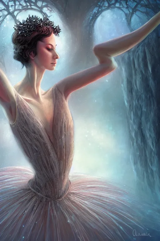 Image similar to prima ballerina, gorgeous, ethereal, intricate, elegant, volumetric lighting, nature scenery, digital painting, highly detailed, artstation, sharp focus, illustration, concept art, clive barker