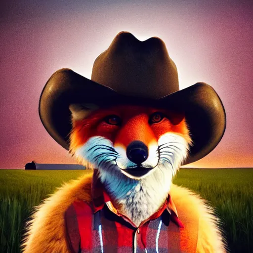 Image similar to a female fluffy anthropomorphic fox animal, head of fox, wearing cowboy hat, wearing plaid shirt, playing guitar, in a field, barn in background, album cover style