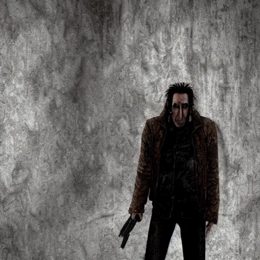 Image similar to nicolas cage hiding behind a corner in silent hill