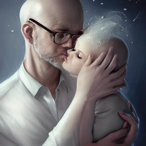 Prompt: small white dog hugging his bald owner wearing glasses, fantasy, high detail, elegant, digital painting, cinematic lighting, vibrant, intricate, textured skin, highly detailed, artstation, sharp, focus, hdr, unreal engine 5, breathtaking, illustration, anna dittmann, ilya kuvshinov, nikolay makovsky