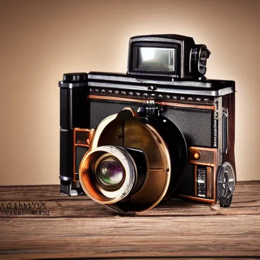 Image similar to a steampunk dslr camera on a wooden table, studio light, edge lit, detailed, product photography