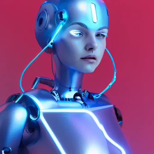 Image similar to a beautiful woman with blue hair wearing robot suit with wires and light, highly detailed, photorealistic, artstation, smooth