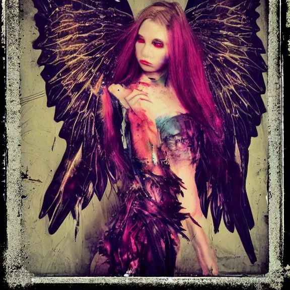 Prompt: crystal wings, waporwave polaroid, a greg rutkowsi photograph, devianart, metal acid deep colors, fallen angel of death, love broken