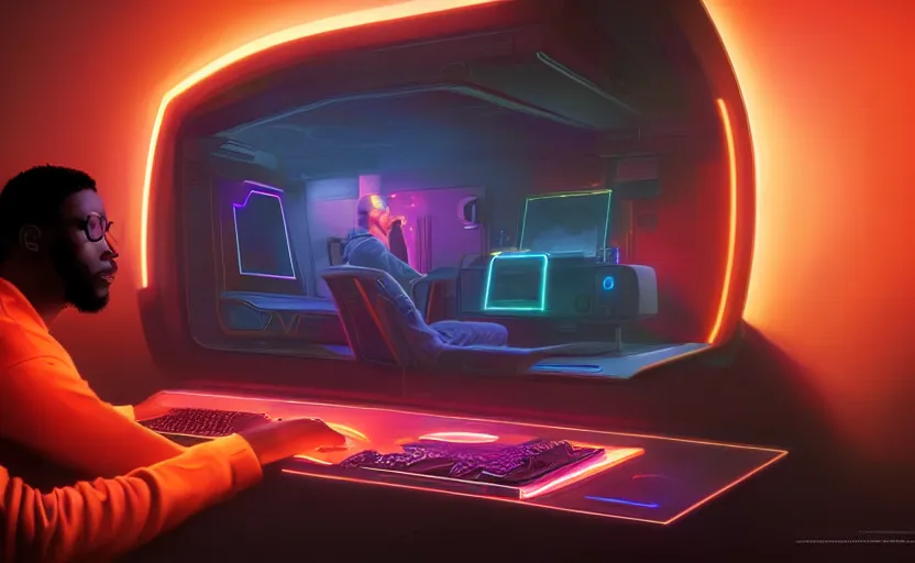 Prompt: handsome black genius at his gaming pc, holographic keyboard and curved digital holographic displays, luxury interior, electric orange glowing lights, highly detailed, digital painting, artstation, concept art, smooth, sharp focus, illustration, art by wlop, mars ravelo and greg rutkowski