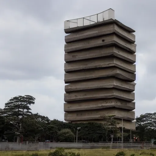 Image similar to a giant brutalist tower built in brutalist architecture, diverse unique building geometry full of shapes and corners, with a smaller base than the top of the tower, slowly growing in width as we get higher