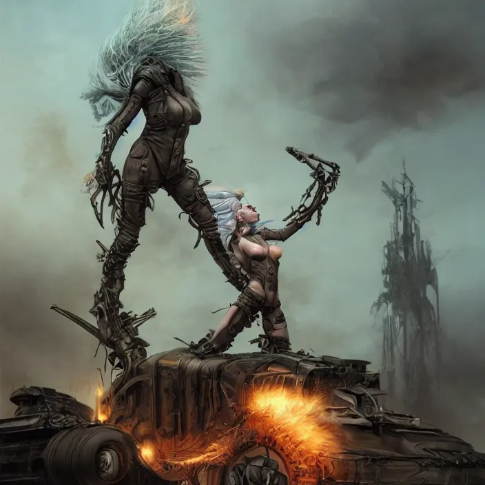 Image similar to beautiful apocalyptic woman with mohawk, standing on mad max panzer tank, hyper-detailed, smooth, sharp focus, 4k ultra hd, fantasy dark art, tank girl, artgerm, artstation, octane render, elegant, detailed digital painting, apocalyptic art, Peter mohrbacher, unreal engine, depth map