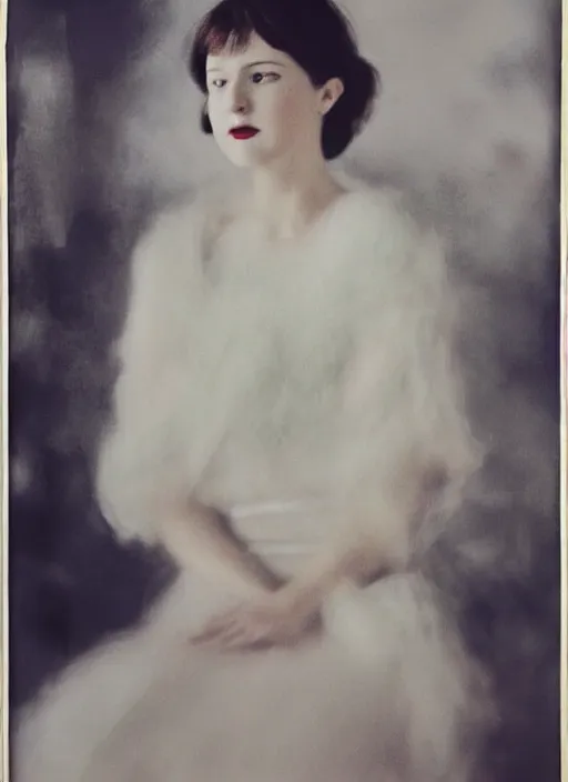 Image similar to out of focus photorealistic portrait of < zelda fitzgerald > as a beautiful young lady by sarah moon, very blurry, translucent white skin, closed eyes, foggy, closeup