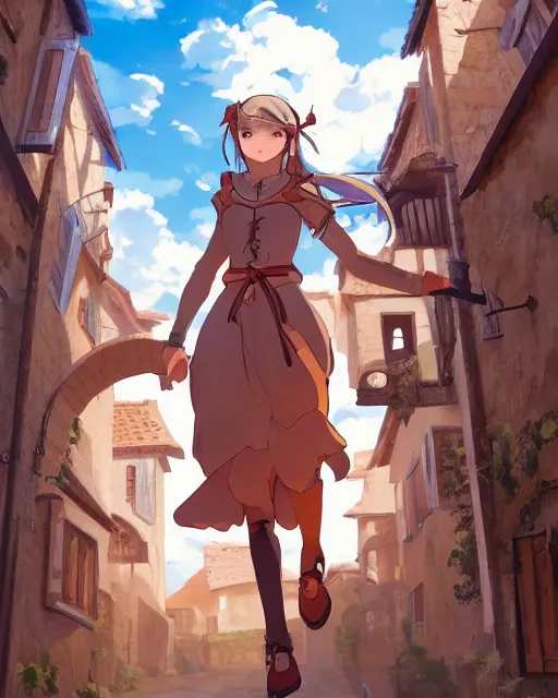 Image similar to key anime visual portrait of a young female walking through a medieval village, dynamic pose, dynamic perspective, cinematic, detailed silhouette, film grain, tending on artstation, face by yoh yoshinari, detailed, intricate