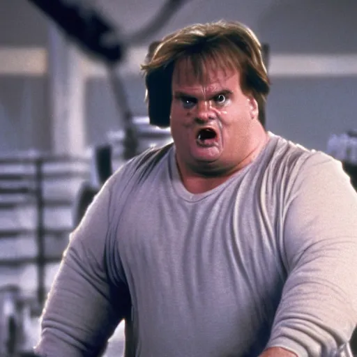 Image similar to chris farley starring in the terminator movie, movie still, 8 k