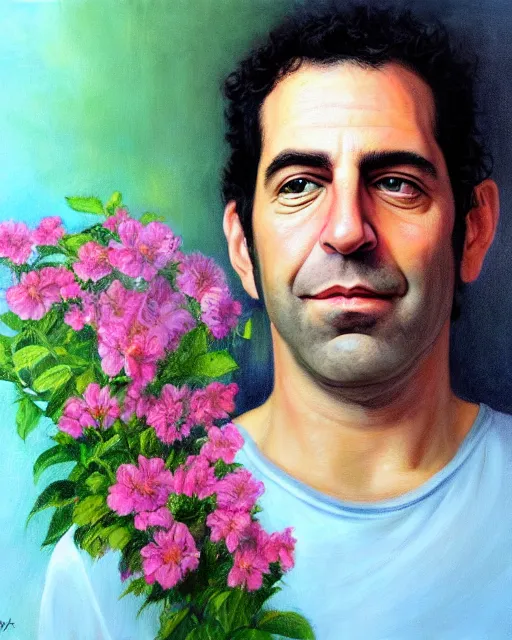 Image similar to a painting of jeffry epstein with flowers in his hair, a character portrait by drew struzan, behance contest winner, american scene painting, oil on canvas, matte drawing, studio portrait