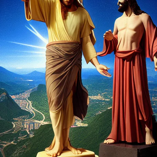 Image similar to buddy christ from dogma as christ the redeemer pointing both fingers in front of him, dynamic composition, dramatic lighting, trending on artstation, award winning art, stylized painting, ultrawide lens, aerial photography, rio de janeiro, 4 k, art by william bouguereau, alphonse mucha, greg rutkowski,