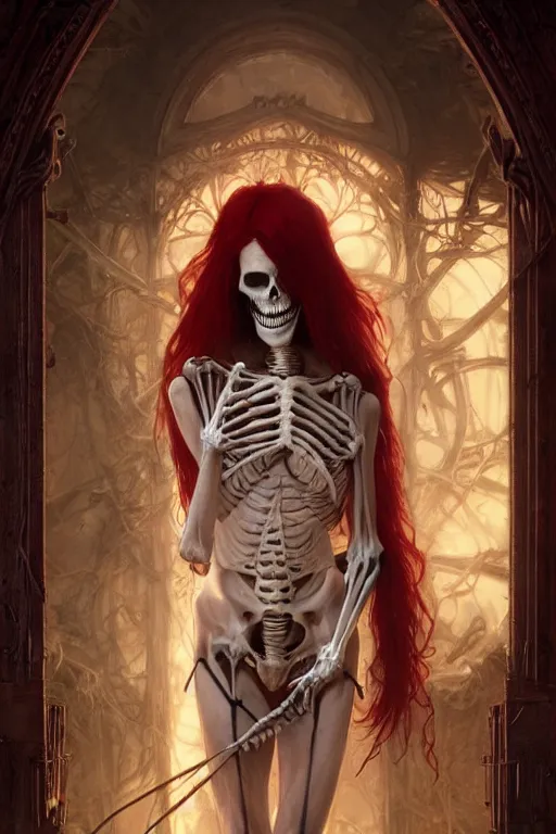 Image similar to pale woman with skeleton body covered with blood, long red hair, pretty face, ultra realistic, concept art, intricate details, highly detailed, photorealistic, octane render, 8 k, unreal engine. art by artgerm and greg rutkowski and alphonse mucha