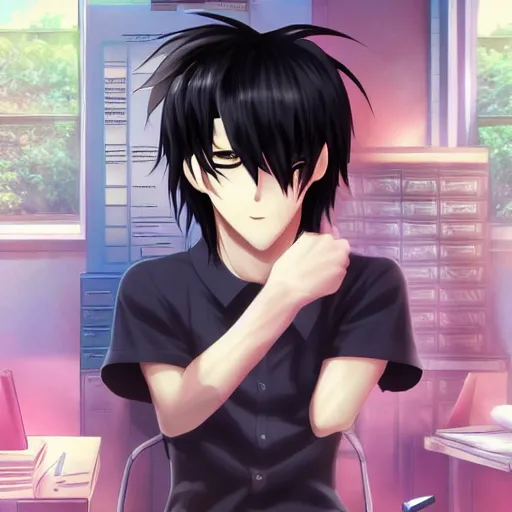 Image similar to aloof anime man with black emo hair wearing jean shorts, standing in headmistress's office, smug grin, smug expression, punchable expression, punchable face, sharp details, subsurface scattering, intricate details, art by artgerm, anime, anime hd wallpaper, 2 0 1 9 anime screenshot