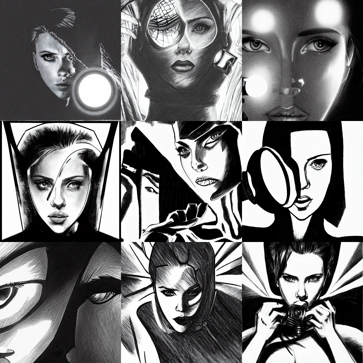 Prompt: scarlett johansson, wearing half face mask, searching dark alien spaceship, holding a flashlight, black and white, pencil and ink manga, ridley scott, dramatic lighting