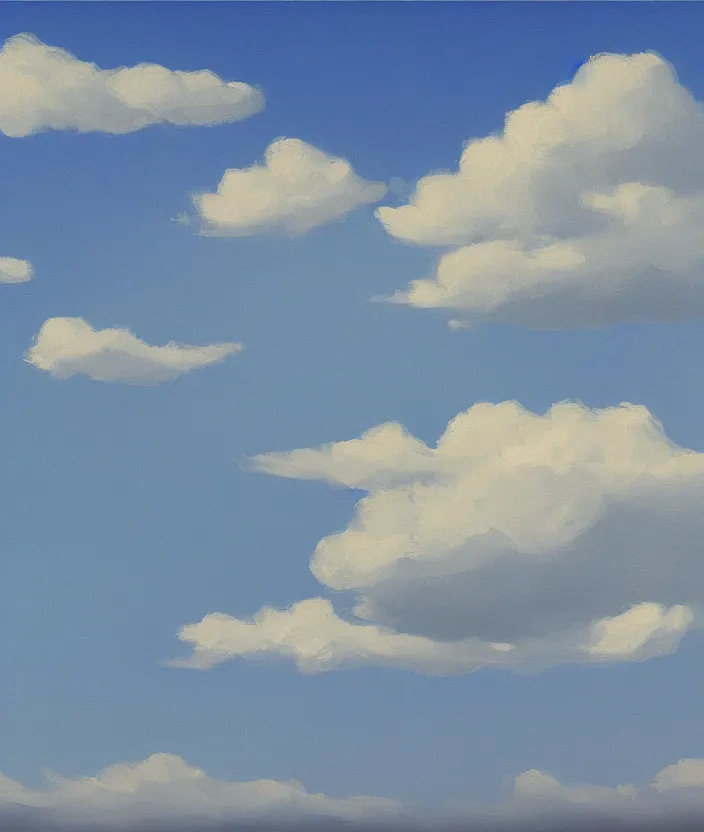 Image similar to baby blue sky with very aesthetic stylized clouds, in the style of edward hopper, very fine brushstrokes, 4 k,
