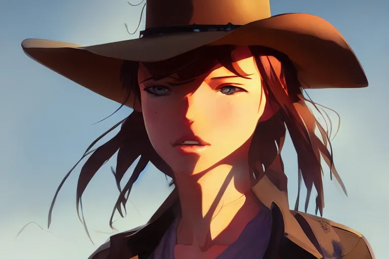 Prompt: western cowgirl, single centered subject, mid shot, ambient lighting, detailed face, by makoto shinkai, stanley artgerm lau, wlop, rossdraws