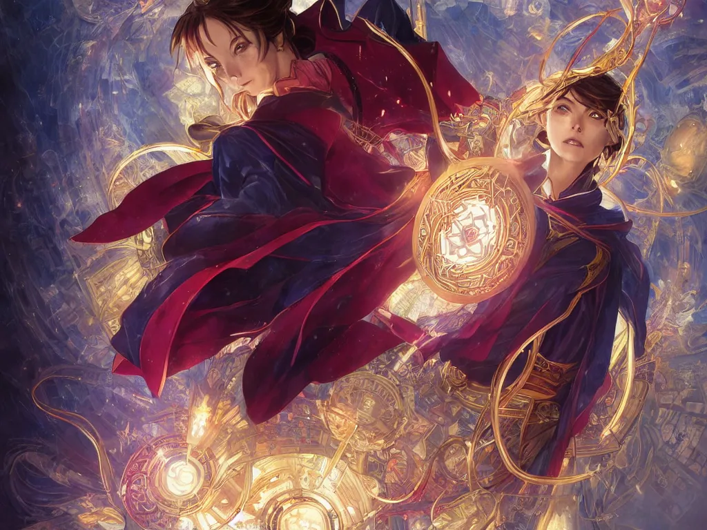 Image similar to anime key visual of one beautiful female doctor strange, marvel comics, spells, magic, intricate, inside magical temple stunning, highly detailed, digital painting, artstation, smooth, hard focus, illustration, art by artgerm and greg rutkowski and alphonse mucha