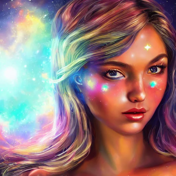 Image similar to highly detailed close up portrait of a celestial girl with a body made of cosmic energy, space background, character art, studio lightning, bright colors, intricate, masterpiece, photorealistic, hiperrealistic, sharp focus, high contrast, Artstation HQ, DeviantArt trending, 4k UHD, Unreal Engine 5