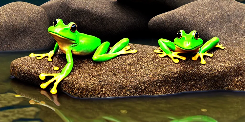 Image similar to A frog sitting on a glistening creek rock, flowing clear water creek bed, photorealistic 3D artwork.