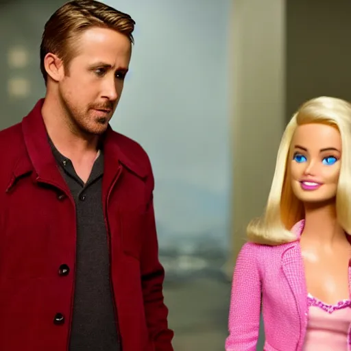 Prompt: still of ryan gosling and margot robbie, in barbie movie