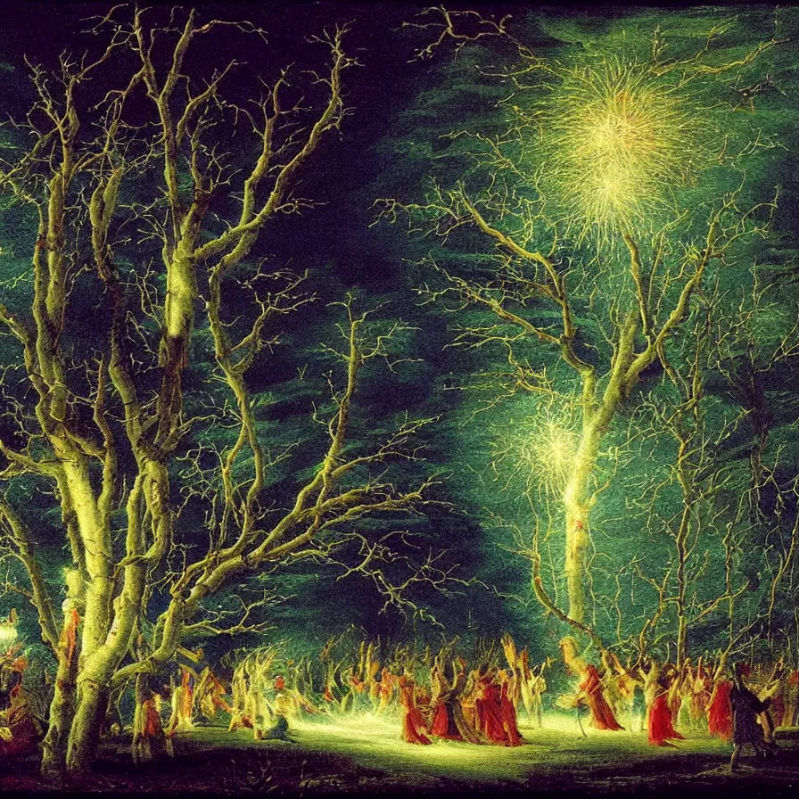 Image similar to closeup of a night carnival around a magical in a summer storm, tree cavity with a music scenario with many fireworks and christmas lights, next to a lake with iridiscent lake water, volumetric lightning, folklore people disguised with fantastic creatures in a magical forest by summer night, masterpiece painted by caspar david friedrich, scene by dark night environment, refraction lights,