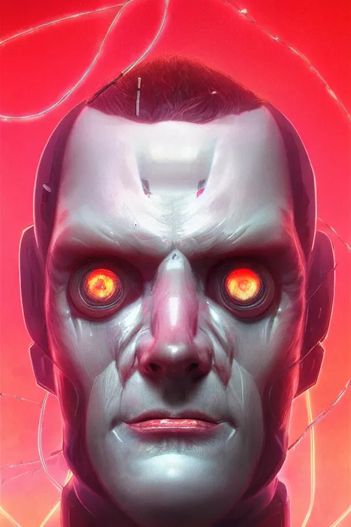 Image similar to head and shoulders render of man cyberpunk face ((glowing_red_eyes red emissives!)) android face inhuman creepy intimidating, exposed wiring bundle. detailed Tom Bagshaw and Greg Rutkowski and Alphonse Mucha Bladerunner 2049 artstation trending 165mm