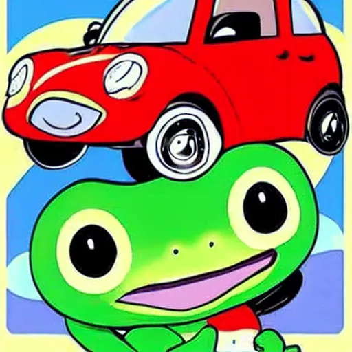 Image similar to cute chibi frog driving a red little cartoon car anime
