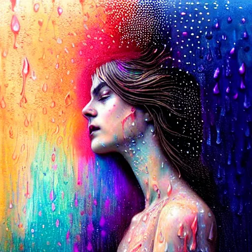 Image similar to girl finding freedom in psychedelic LSD rain with wet hair and face, fantasy, intricate, elegant, dramatic lighting, emotionally evoking symbolic metaphor, highly detailed, lifelike, photorealistic, digital painting, artstation, concept art, smooth, sharp focus, illustration, art by John Collier and Albert Aublet and Krenz Cushart and Artem Demura and Alphonse Mucha